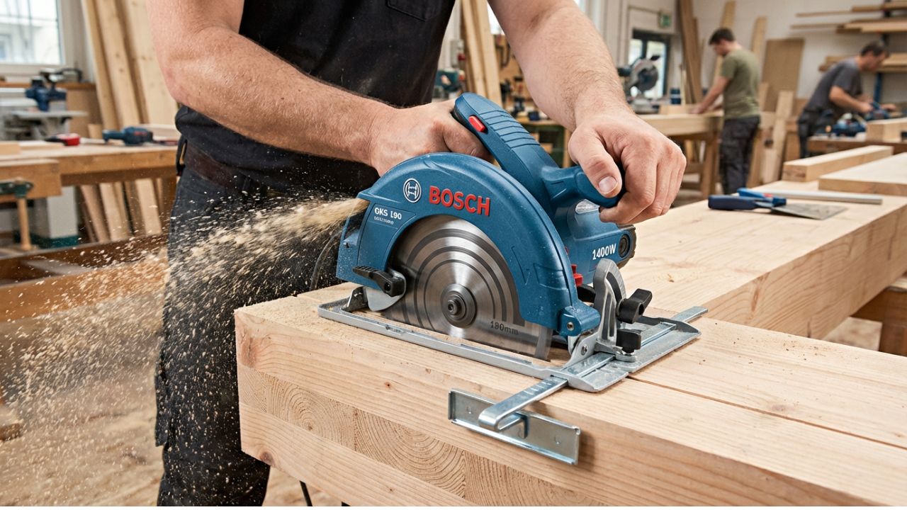 Bosch GKS 190, professional circular saw, 1400W circular saw, 190mm blade saw, 70mm cutting depth, hand-held circular saw, Bosch Professional tools, construction saw, woodworking saw, heavy-duty circular saw, job site saw, Store KSA, Saudi Arabia tools, aluminum footplate saw, parallel guide saw, high-precision cutting, carpentry tools, beam cutter, professional power tools