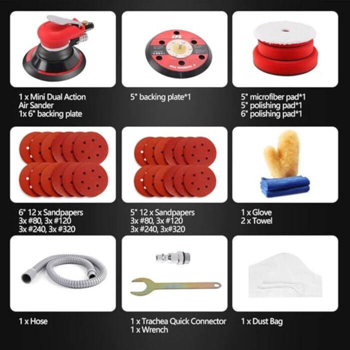 ZFE Heavy-Duty 5 & 6 Dual-Pad Pneumatic Orbital Sander Kit – Includes Extra Backing Plate, Pads, Sandpaper – Low Vibration for Wood, Metal & Composites (2) ZFE Heavy-Duty 5 & 6 Dual-Pad Pneumatic Orbital Sander Kit – Includes Extra Backing Plate, Pads, Sandpaper – Low Vibration for Wood, Metal & Composites (2)