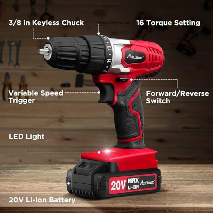 AVID POWER 20V MAX Cordless Drill Driver Kit – Includes Battery, Charger, 22-Piece Drill Bits, 38 Keyless Chuck & Variable Speed (3)