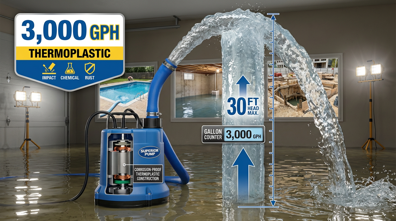 Superior Pump 91250 1/4 HP Submersible Utility Pump 3000 GPH